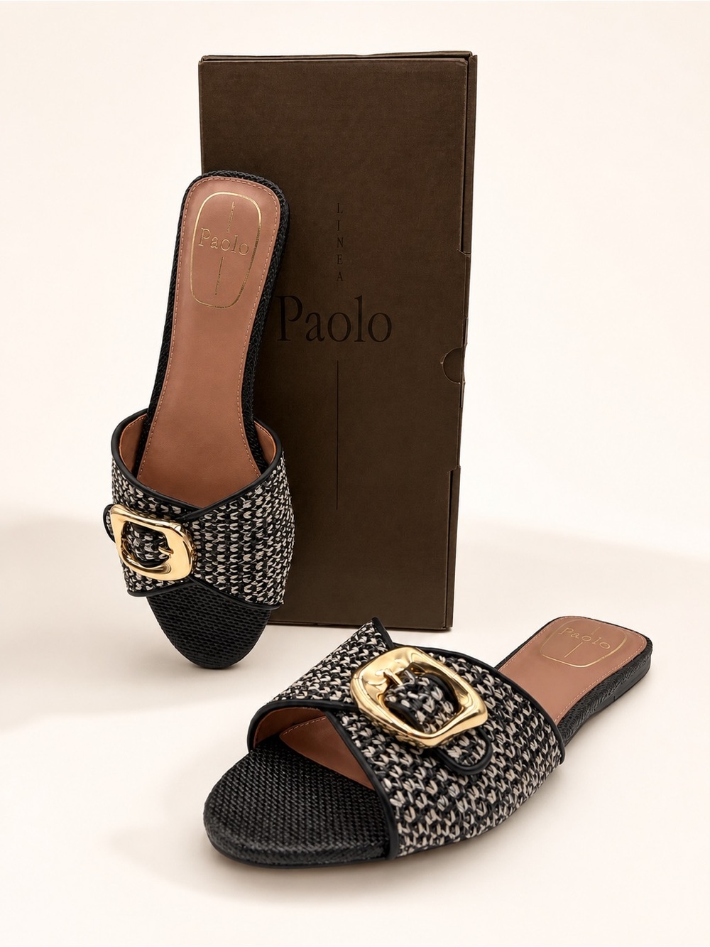 Linea Paolo • Leighton Slide Sandals • Black & White Raffia • Size 9-1/2